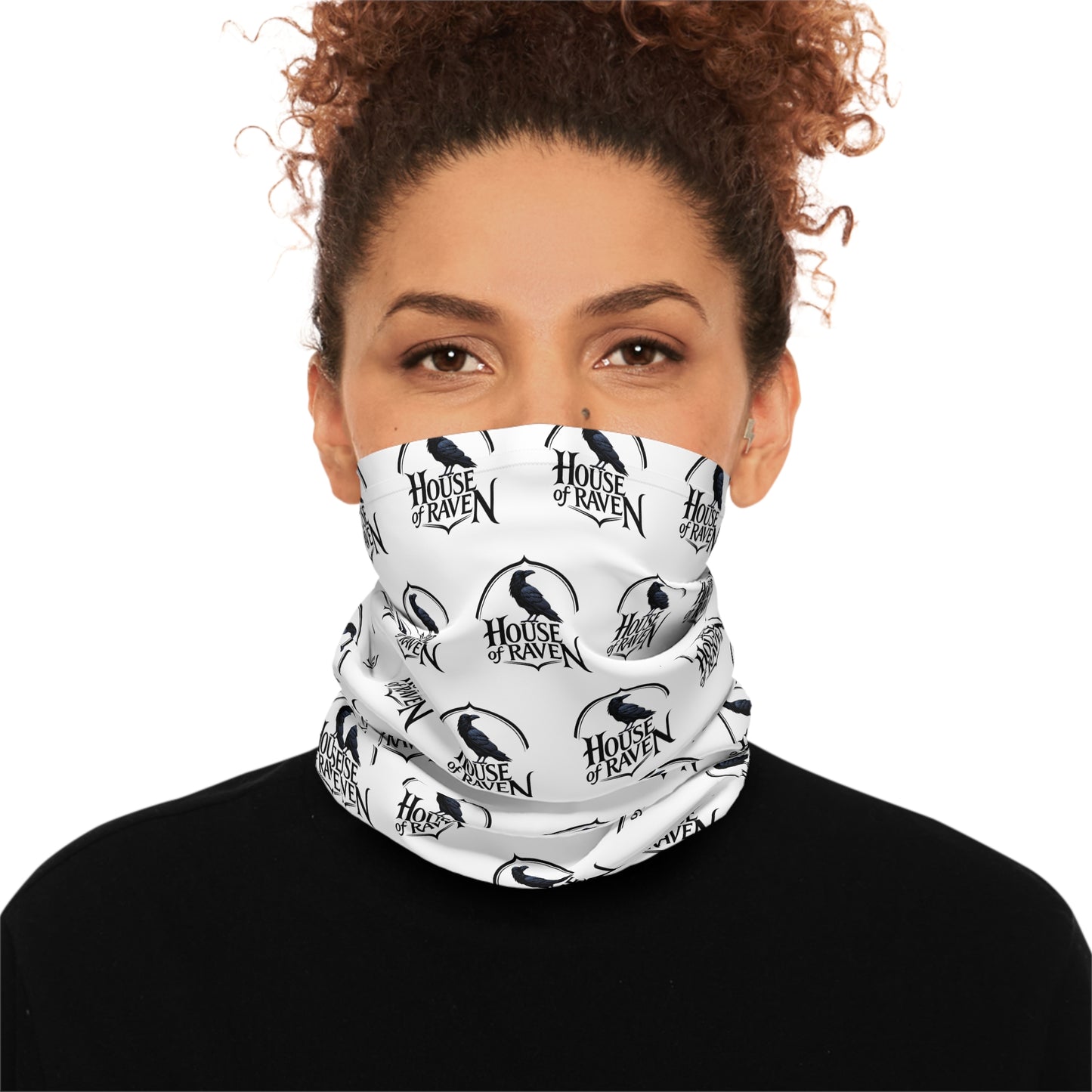 House of Raven Pattern Neck Gaiter — Black & White Repeating Logo Face Mask
