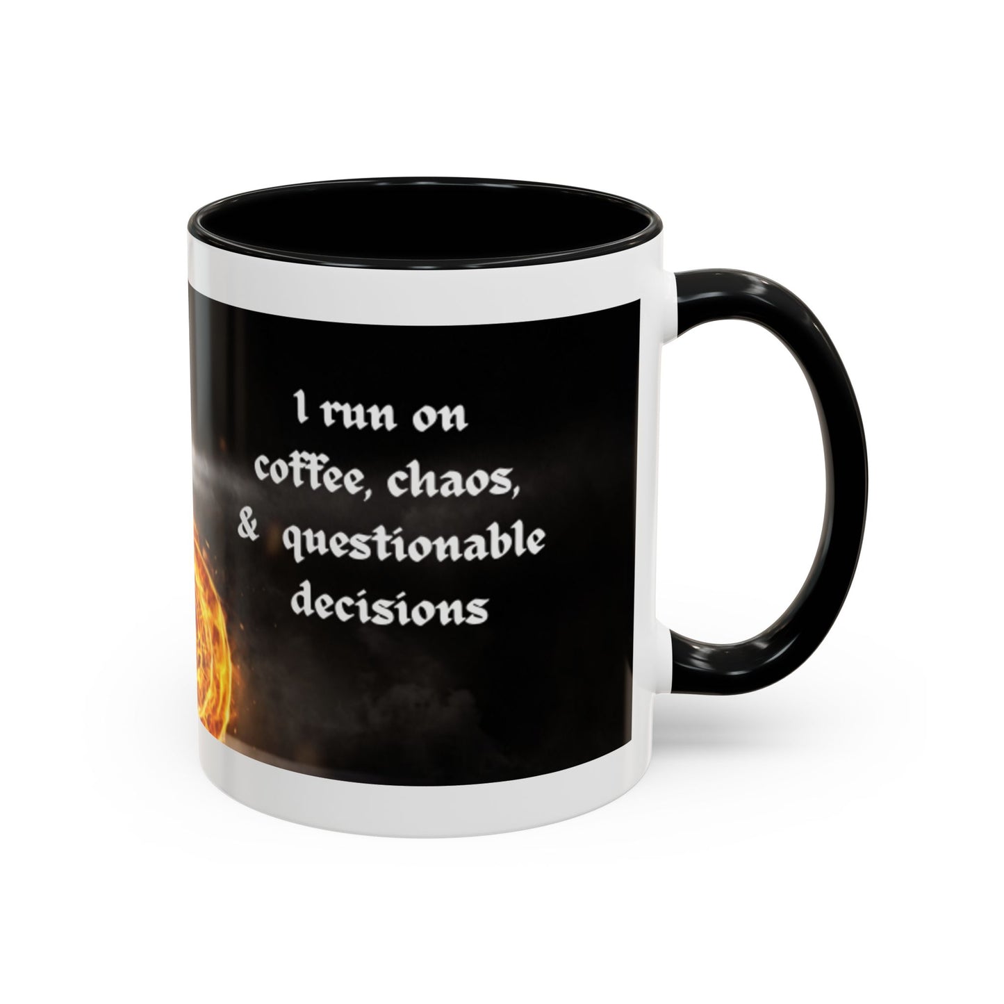 Coffee Mug - "I Run on Coffee, Chaos & Questionable Decisions" Flaming Motorcycle Accent Mug