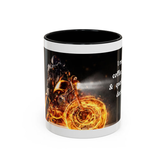 Coffee Mug - "I Run on Coffee, Chaos & Questionable Decisions" Flaming Motorcycle Accent Mug