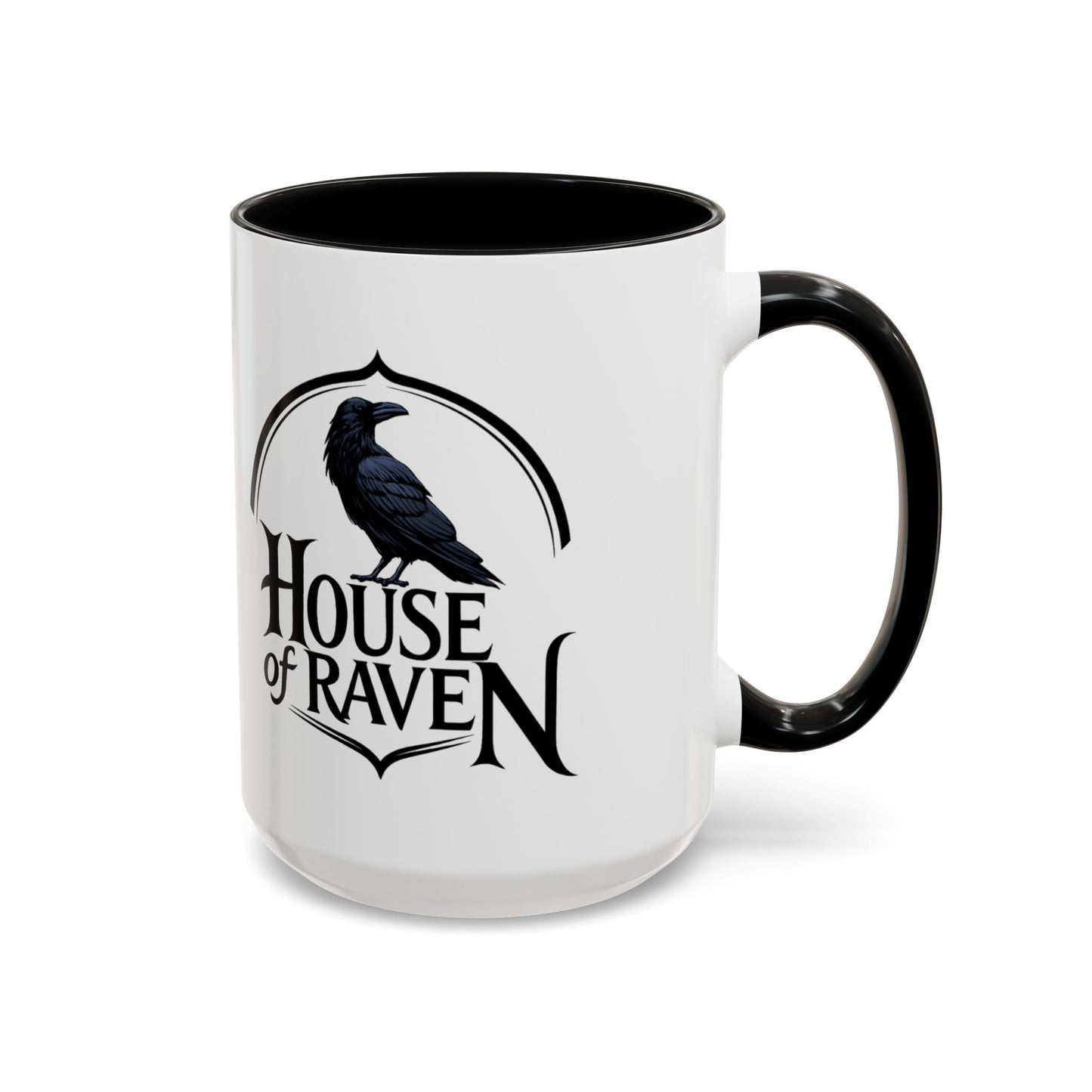 House of Raven Accent Coffee Mug — Black Interior & Handle, Gothic Raven Design (11/15 oz)