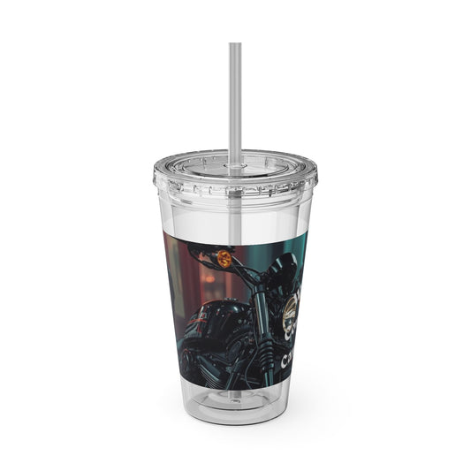 16oz Sunsplash Tumbler with Straw — Raven Motorcycle Graphic