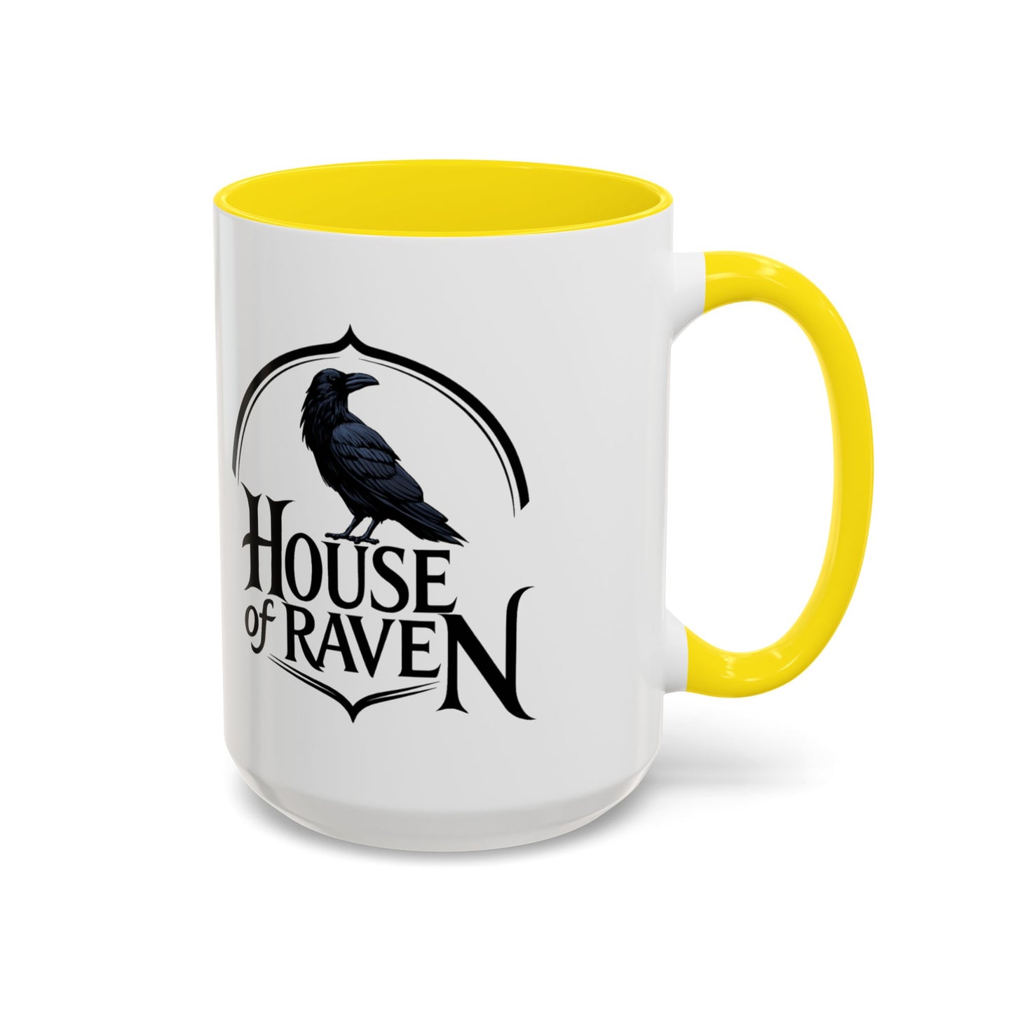 House of Raven Accent Coffee Mug — Black Interior & Handle, Gothic Raven Design (11/15 oz)